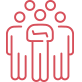 Red outline icon of three people, symbolizing a group or team.