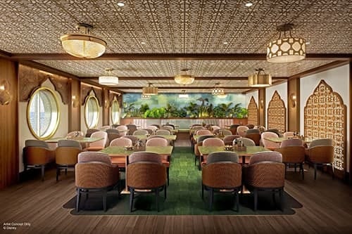 Ornate restaurant interior with patterned ceiling, arched decor, oval windows, and lush plants.