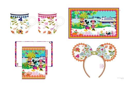 Disney floral merchandise: mugs, print, notebook, Mickey ears.