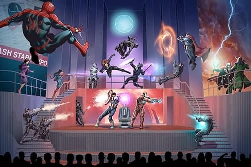 Marvel heroes vs villains battle on a multi-level stage at a Stark Expo, watched by an audience.
