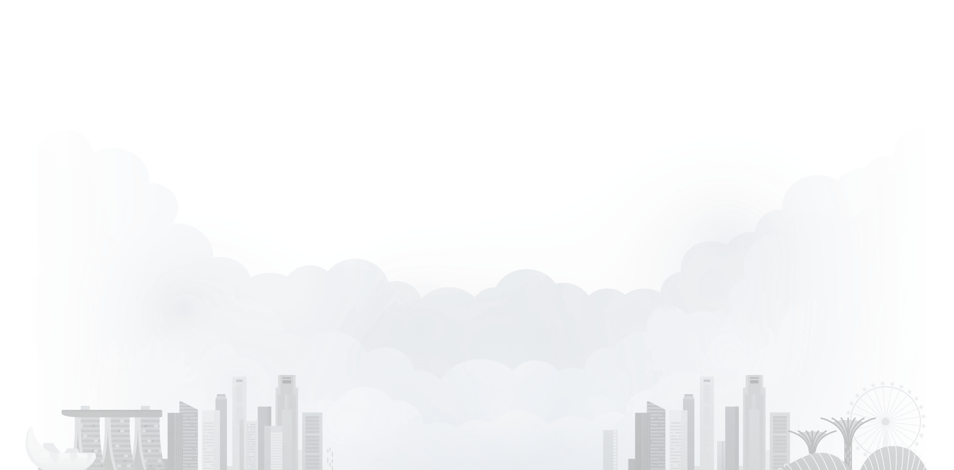 Stylized city skyline with dense clouds and a subtle rainbow.