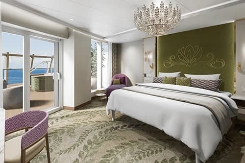 Elegant cruise cabin: king bed, balcony with ocean view, chandelier, green headboard.