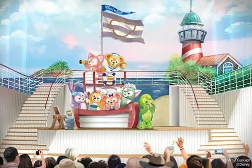 Duffy and Friends characters on a stage with a nautical backdrop, performing for an audience.