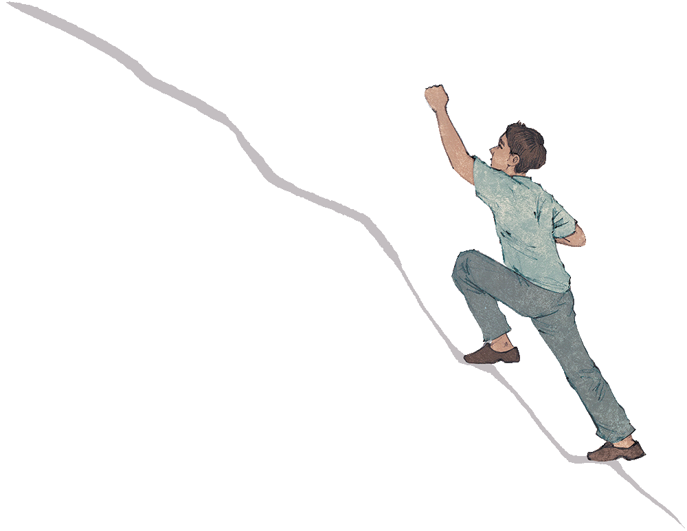 An illustration of a man climbing a steep, winding path with determination, fist raised in effort.