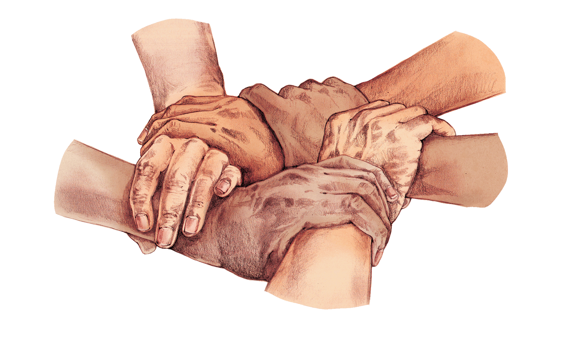 Illustration of diverse hands clasped together in a circle, symbolizing unity, teamwork, and support.