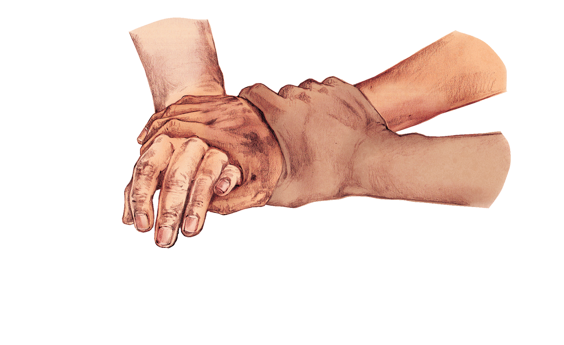 An illustration of two hands, one lighter and one darker, clasped together in a gesture of support or help.