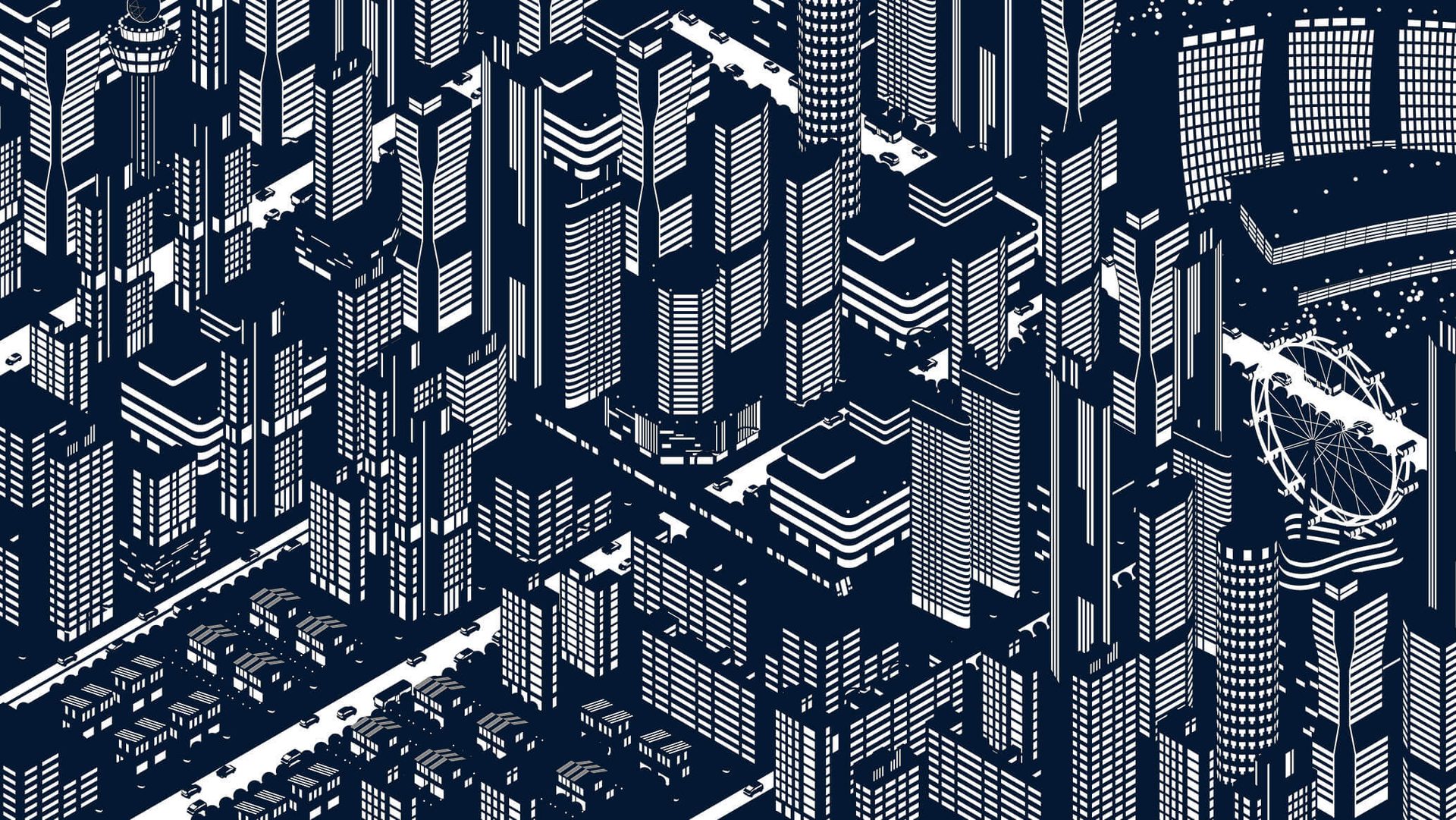 Stylized isometric illustration of a vibrant city with skyscrapers, a Ferris wheel, roads, and a tower.