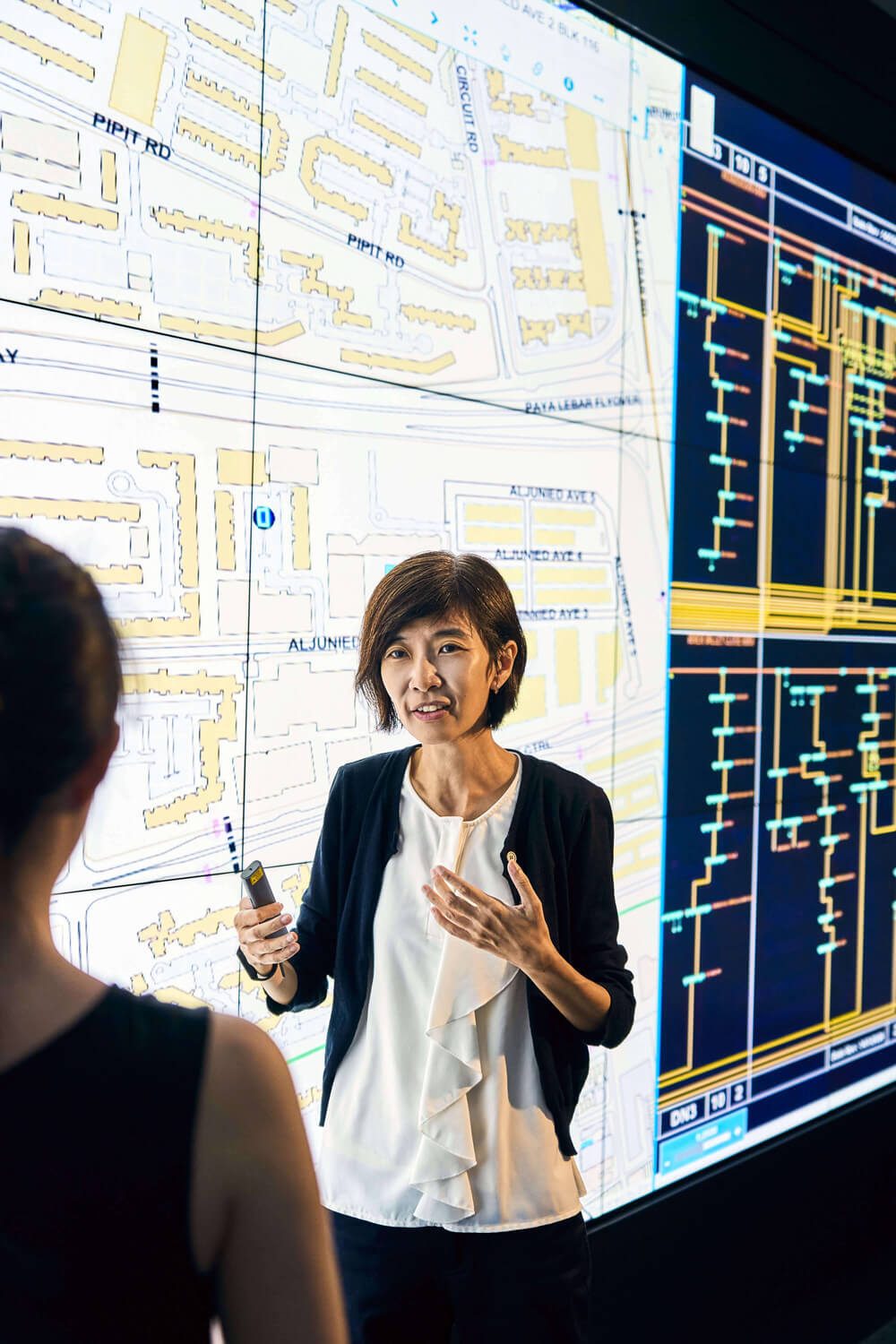 Woman presents map and data on large screen, explaining to an unseen person.
