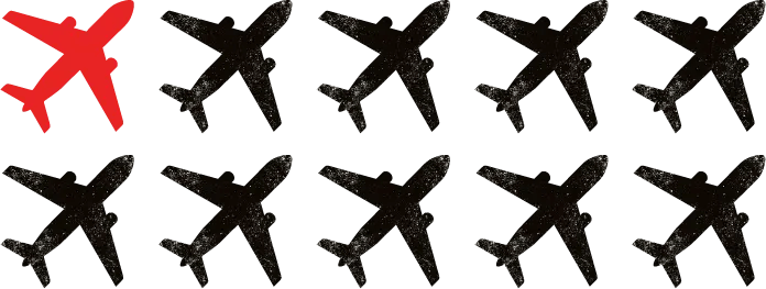 A grid of ten airplane silhouettes on a dark green background, with one red airplane in the top left corner standing out from nine black airplanes.