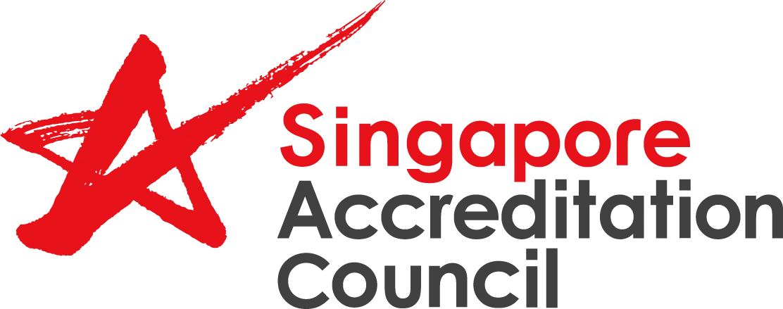 Logo for Singapore Accreditation Council, featuring a stylized red brushstroke graphic and text.