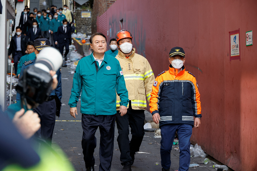 South Korean President Yoon Suk-yeol at the scene of the crowd crush. PHOTO: REUTERS