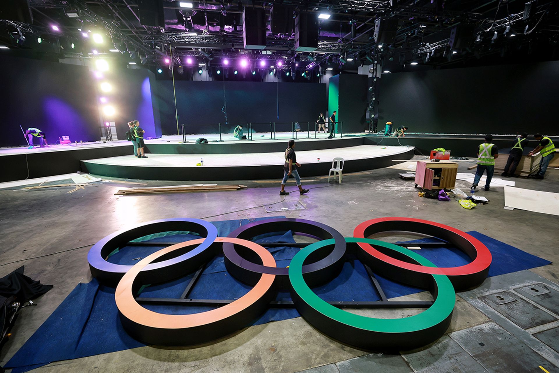 Preparation works at Suntec Convention and Exhibition Centre on June 14, 2023, ahead of the inaugural Olympic Esports Week that begins on Thursday.
