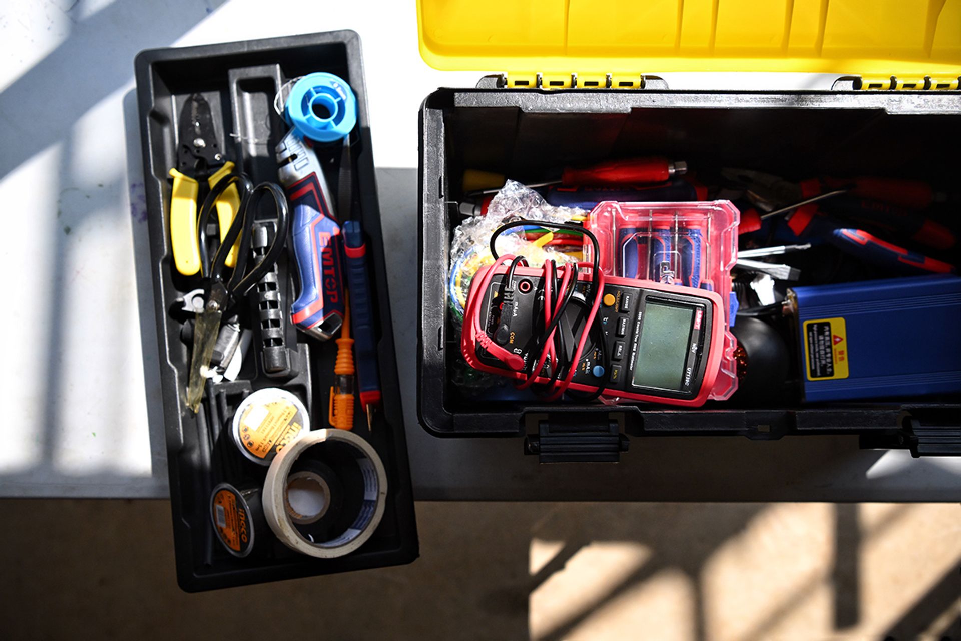 A workbox chock-full of essential tools used by the coaches.