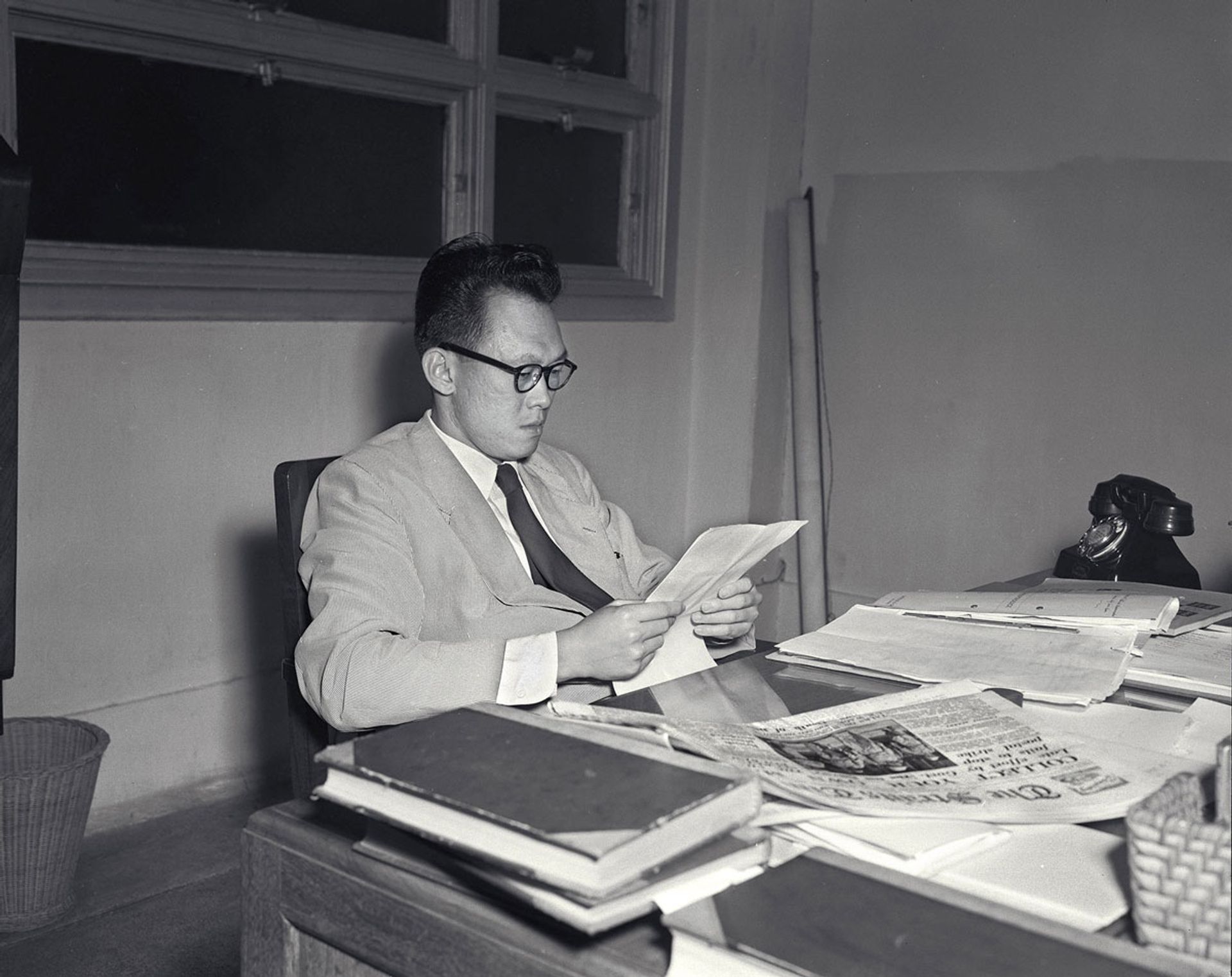 As a young lawyer, Mr Lee (above), seen here in his Laycock & Ong office on May 13, 1952, established himself as a champion for workers by devoting his time to helping unions and other vulnerable groups in their run-ins with the British. Source: The Straits Times