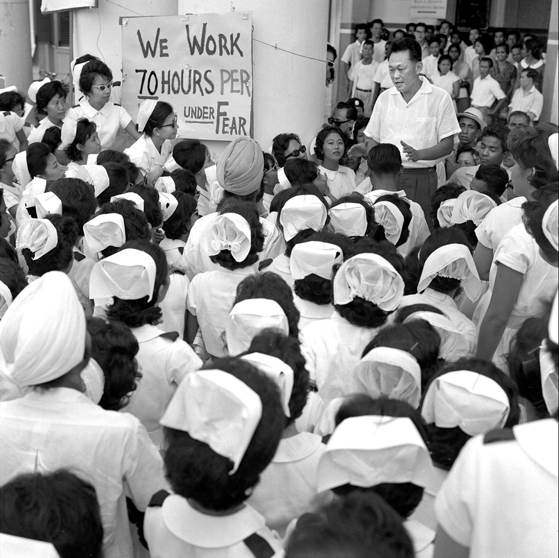 Mr Lee continued to mediate on behalf of workers, including the nurses seen here, who were on strike at Singapore General Hospital on June 8, 1963. ST Photo: Low Yew Kong