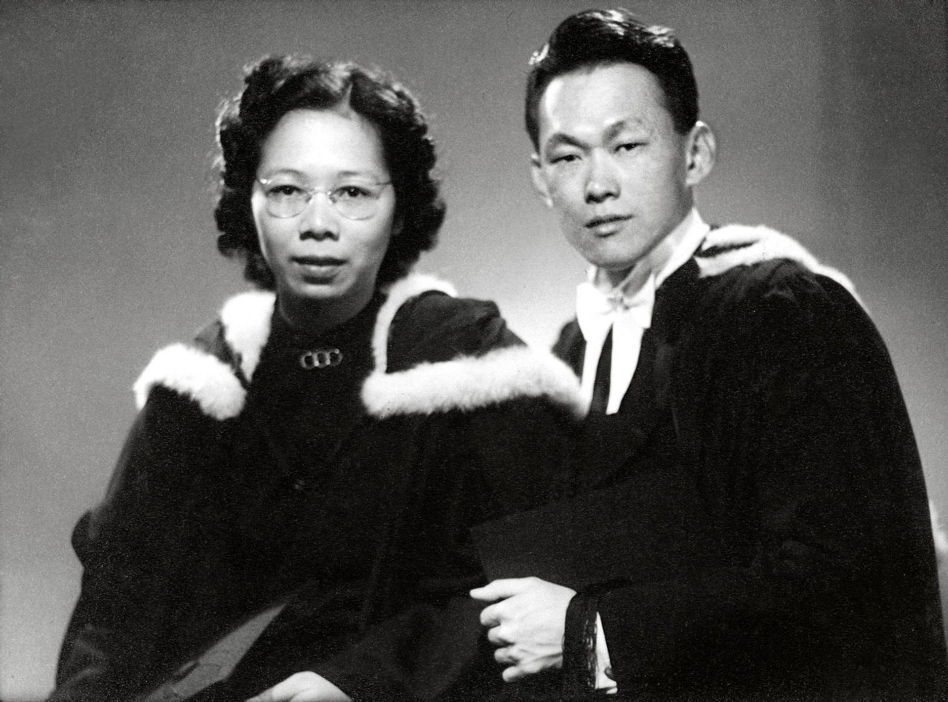 The couple, seen here in academic robes, graduated from Cambridge University on June 21, 1949, and was called to the Bar a year later. Source: Lee Kuan Yew