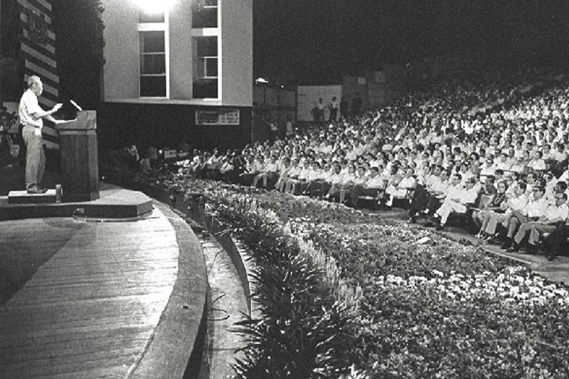 Mr Lee giving his annual National Day Rally speech at the National Theatre at Fort Canning Park on Aug 1, 1983. The rally, an occasion for the Prime Minister to spell out his policies once a year, was televised live and broadcast on all radio and television channels. Source: MCI Collection