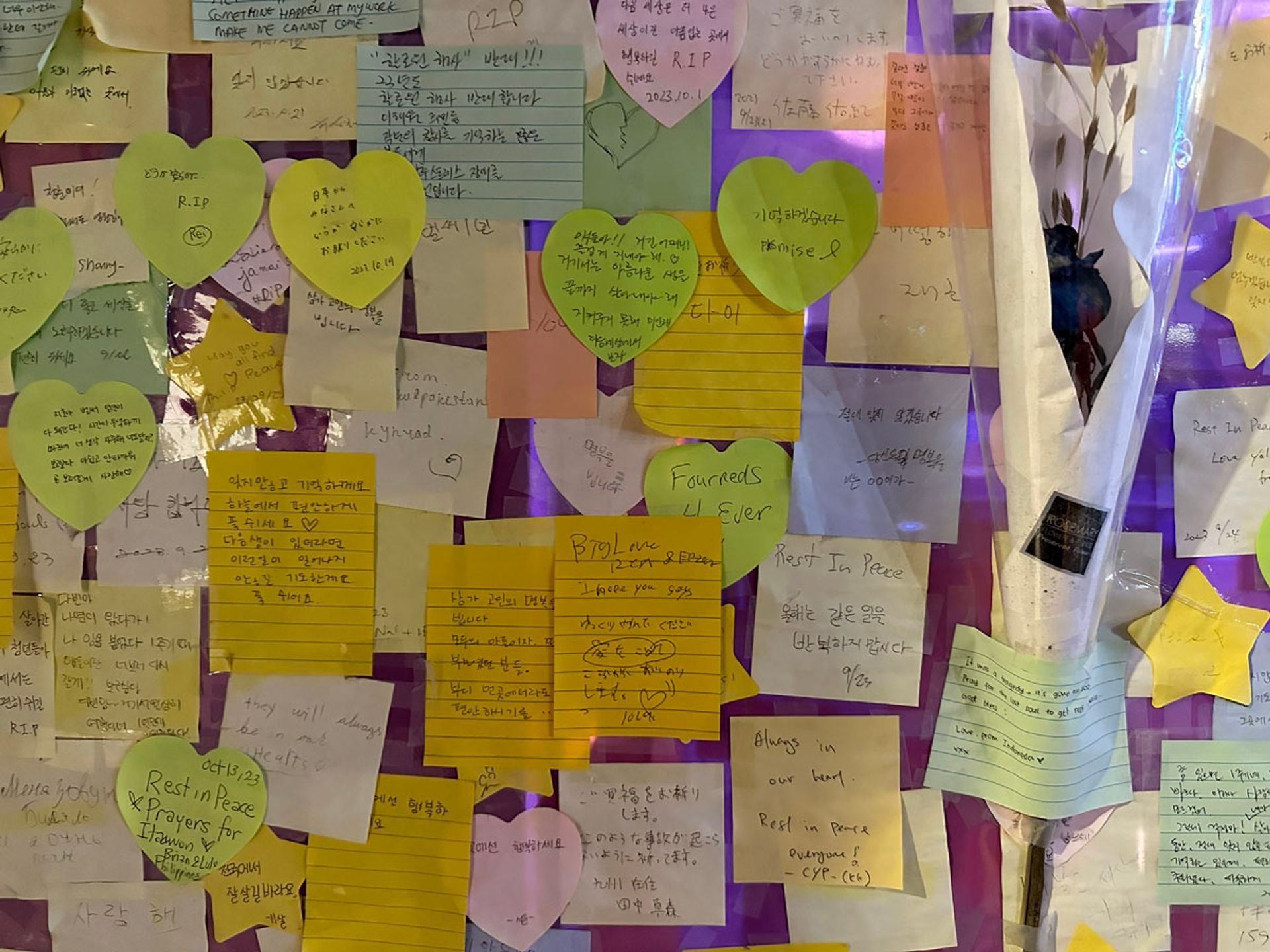 Condolence messages written by visitors fill the memorial wall standing at the entrance of the alley in Itaewon where the deadly crowd crush took place. PHOTO: WENDY TEO