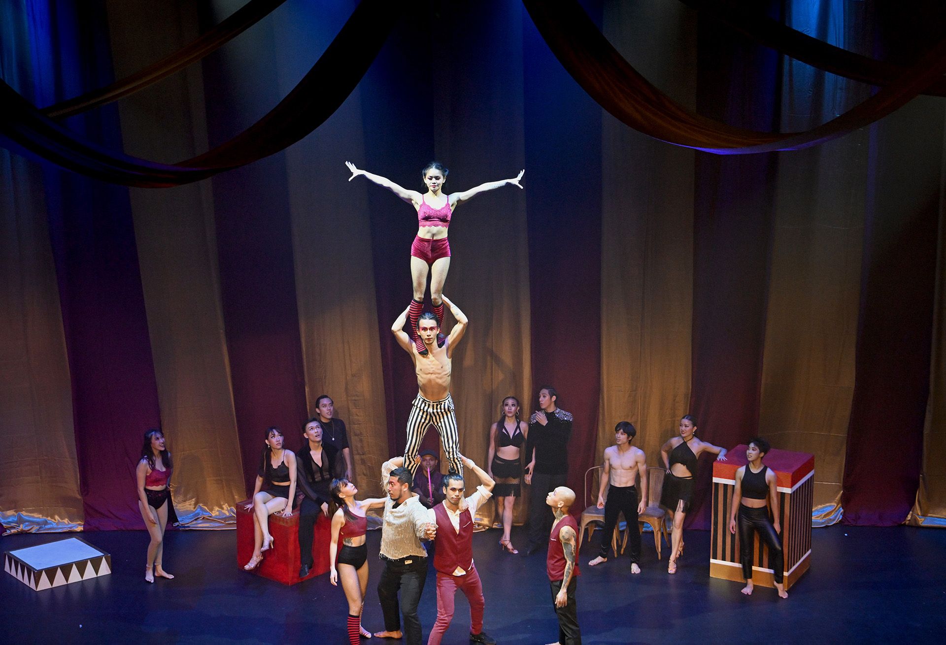 Members of Circus of Altrades rehearsing the grand finale segment the night before the opening show.
