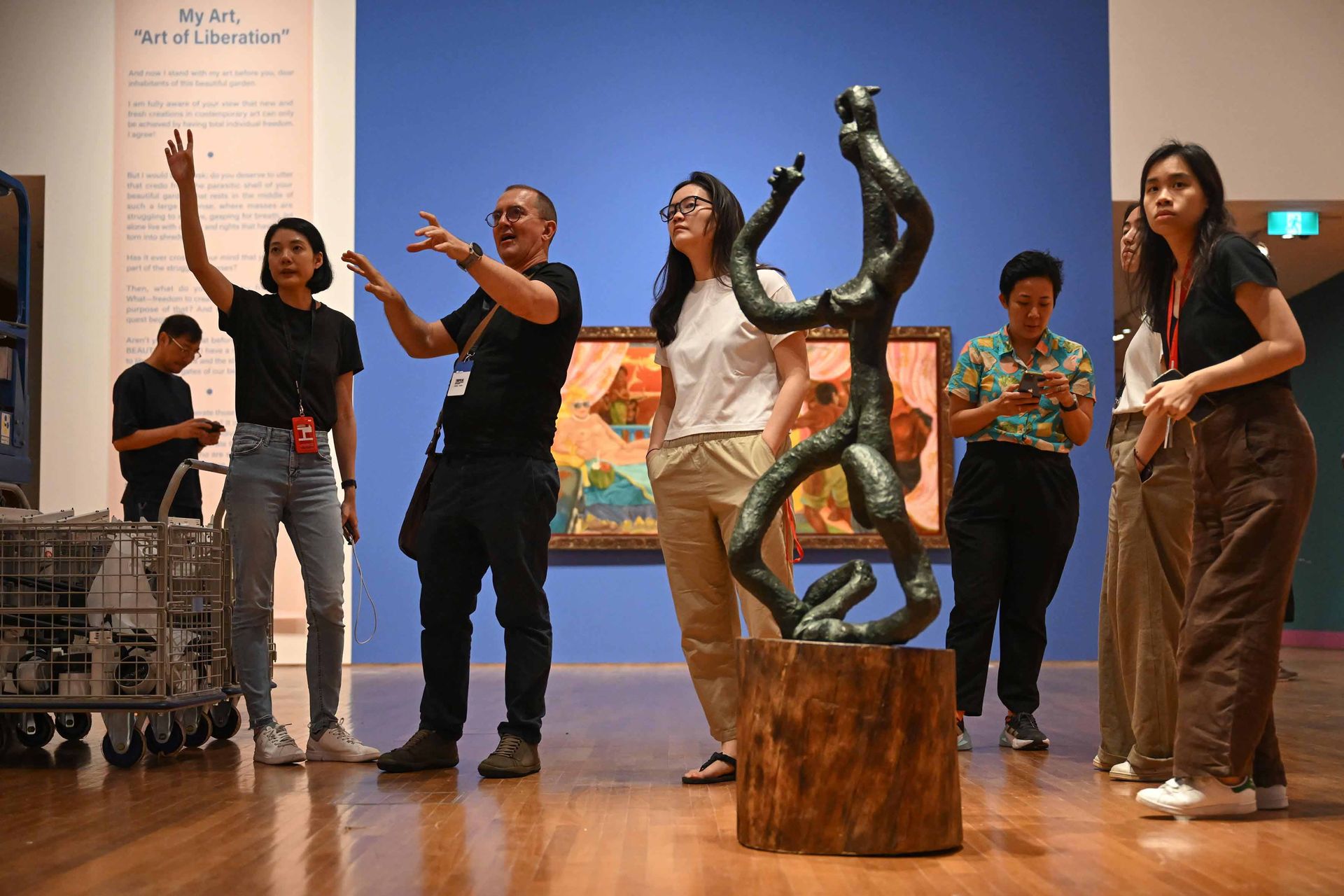 Life imitates art – the curators worked closely with Mr Richard Hassell (third from left), co-founder of Woha Architects, to adapt some of the innovative display techniques by Brazilian architect Lina Bo Bardi for this exhibition.
