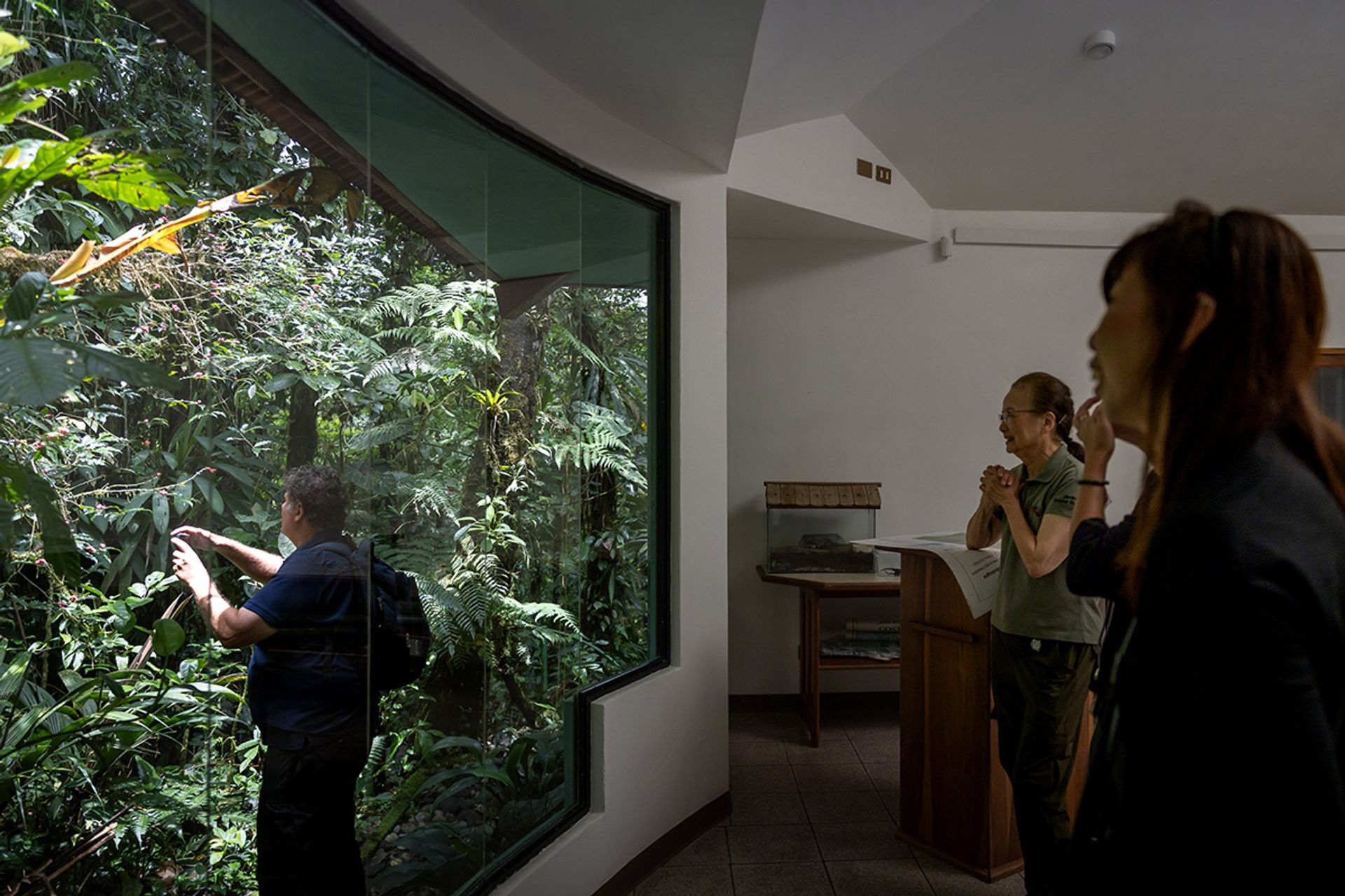Ms Xue (right) and Dr Evelyne T Lennette, co-founder of conservation non-proft Nectandra, look on as Mr van der Schans gets up close with a Symphonia globulifera plant in Nectandra Cloud Forest Garden, Costa Rica.