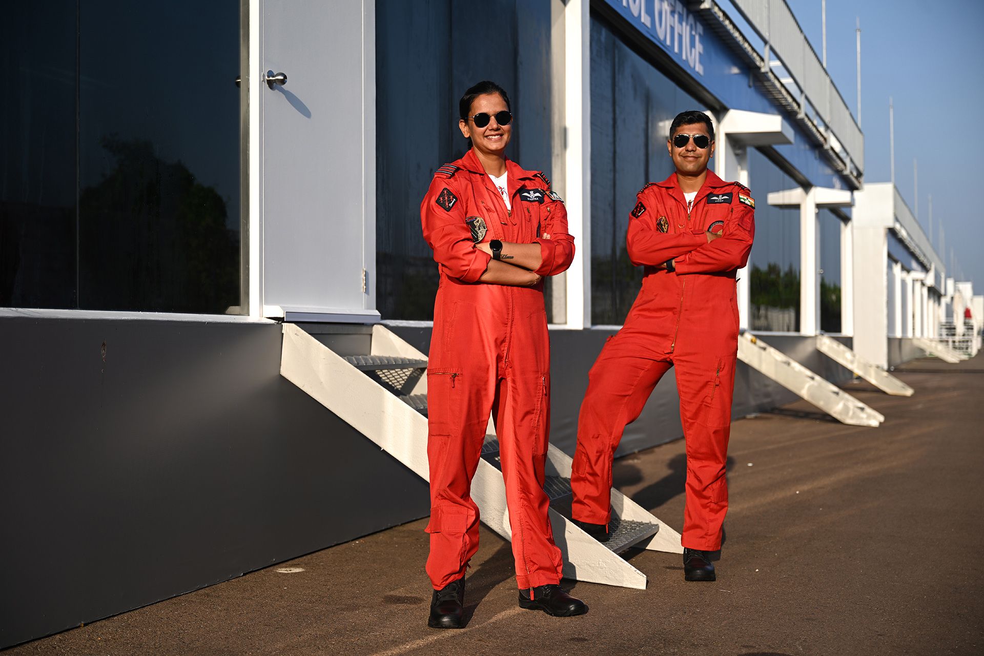 Ms Shipra Deep (left) and Mr Gokula Krishnan, squadron leaders of the Indian Air Force’s Sarang Helicopter Display Team. ST PHOTO: AZMI ATHNI