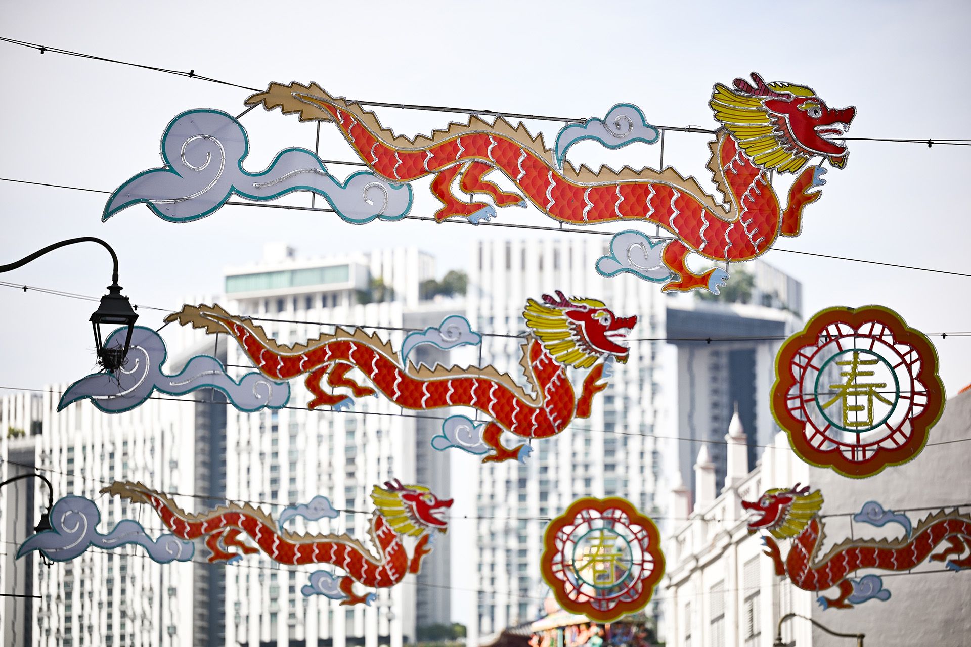 A troop of dragons takes flight overhead at South Bridge Road in Chinatown. Dragon lanterns have set Chinatown aglow every night since Prime Minister Lee Hsien Loong launched the annual Chinese New Year street light-up at Kreta Ayer Square on Jan 19. ST PHOTO: LIM YAOHUI