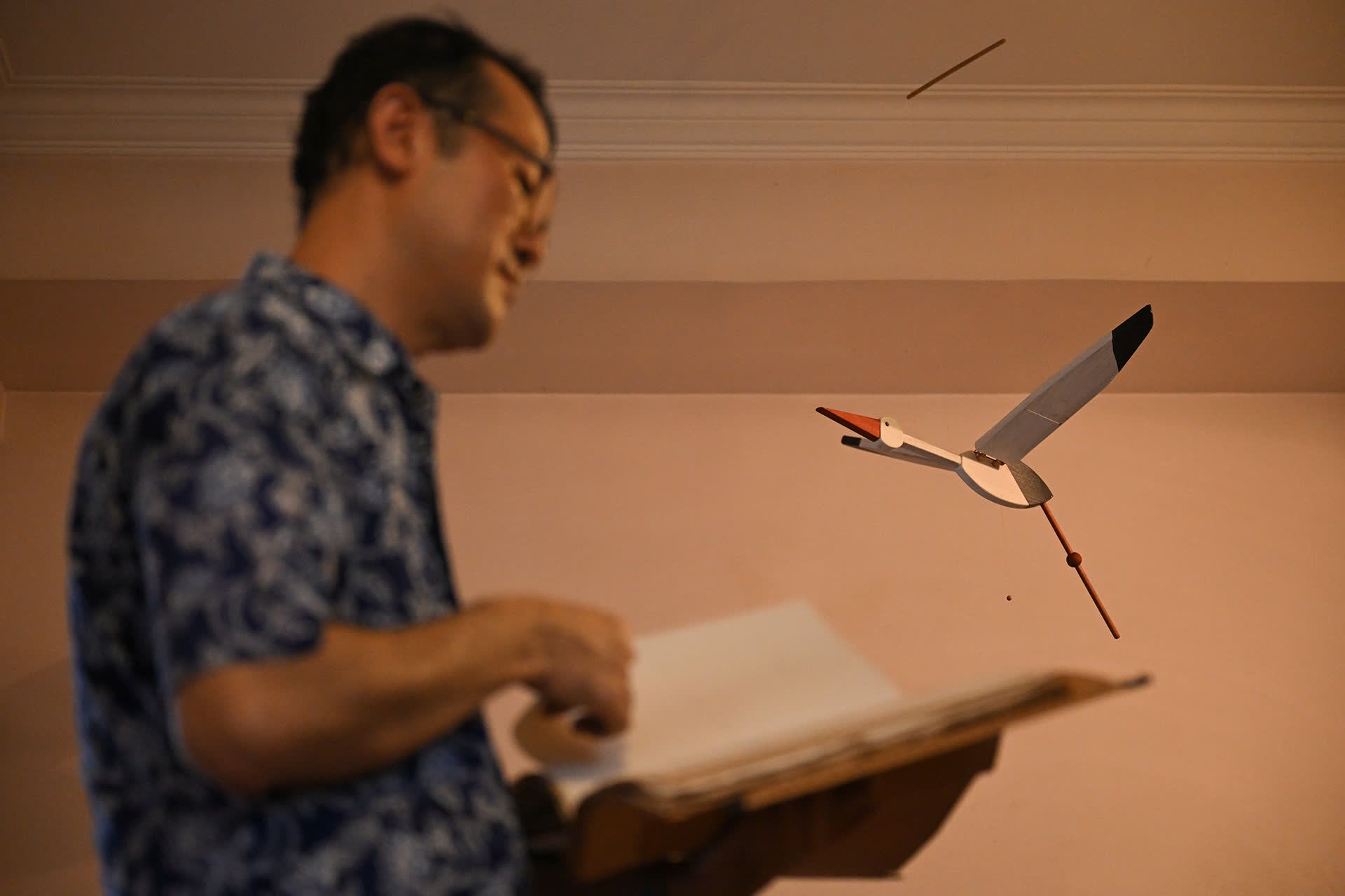 Dr Ong looking through a folder of documents that his father kept, with a bird figurine that he bought on a holiday.