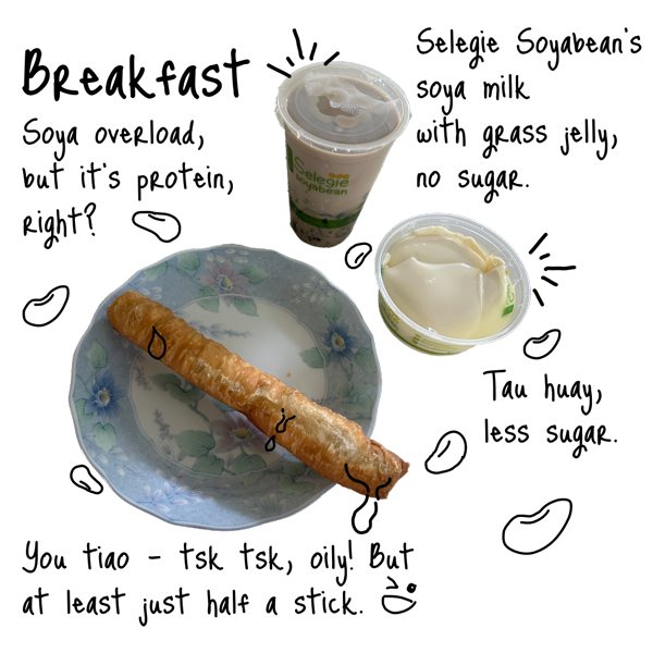 Soya overload, but it’s protein, right? Selegie Soyabean’s soya milk with grass jelly, no sugar. Tau huay, less sugar. You tiao – tsk tsk, oily! But at least just half a stick.