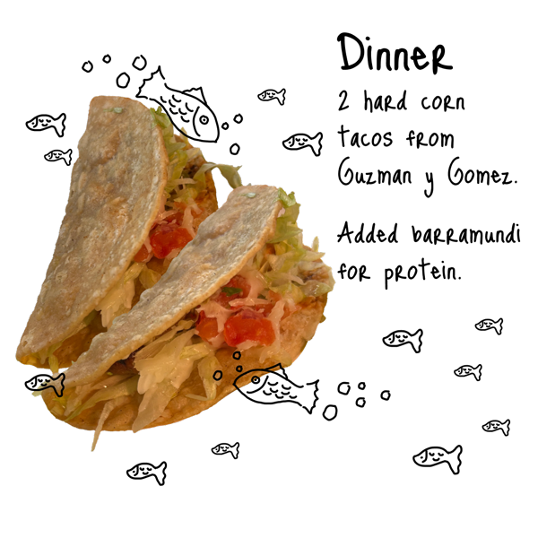 Two hard corn tacos from Guzman y Gomez. Added barramundi for protein.