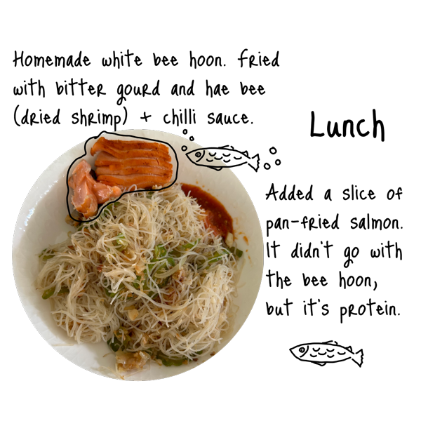 Homemade white bee hoon. Fried with bitter gourd, hae bee (dried shrimp) plus chilli sauce. Added a slice of pan-fried salmon. It didn’t go with the bee hoon, but it’s protein.