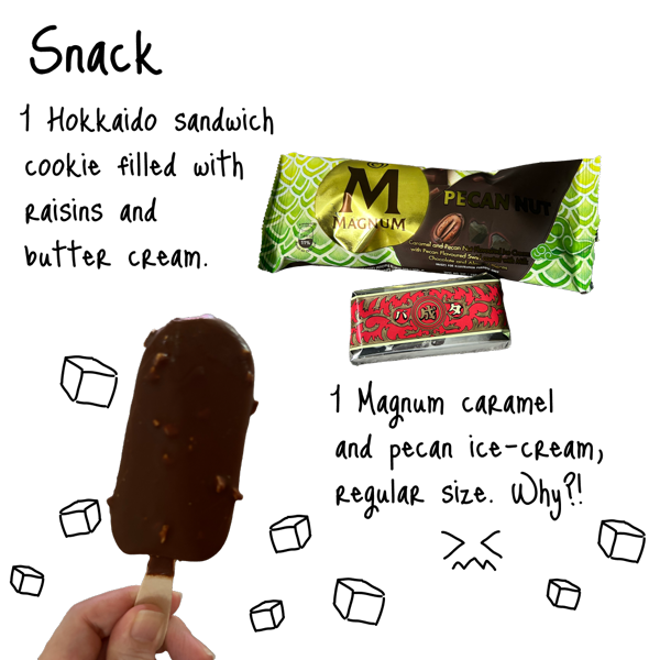 One Magnum caramel and pecan ice-cream, regular size. Why?! One Hokkaido sandwich cookie filled with raisins and buttercream.