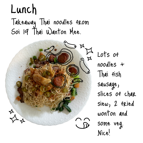 Takeaway Thai noodles from Soi 19 Thai Wanton Mee. Lots of noodles, Thai fish sausage, slices of char siew, two fried wontons and some veg. Nice!