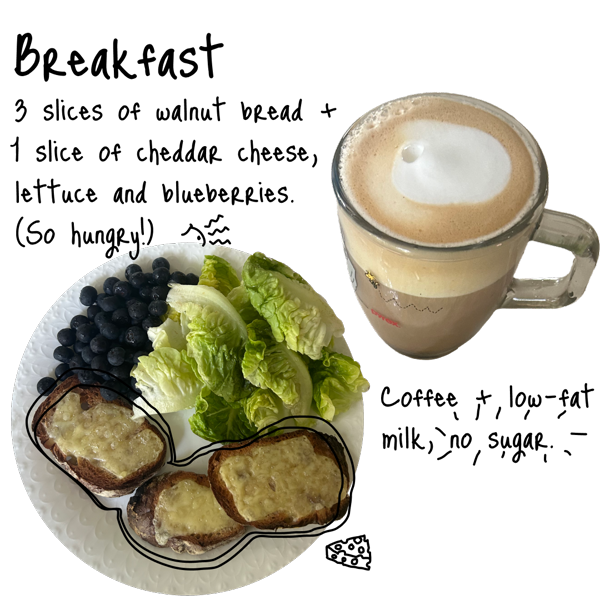 Coffee with low-fat milk, no sugar. Three slices of walnut bread with one slice of cheddar cheese, lettuce and blueberries. (So hungry!)