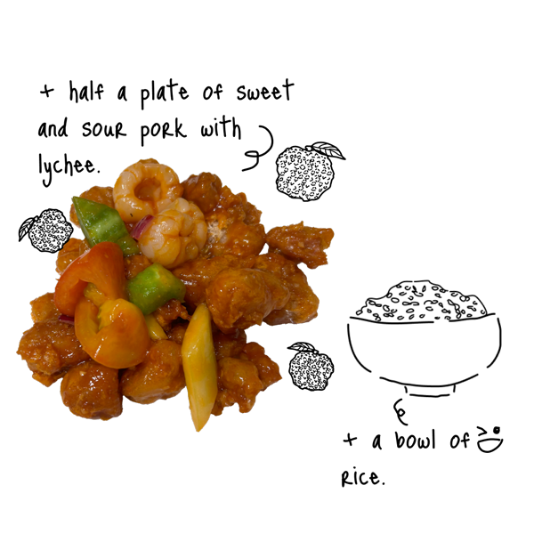 Half a plate of sweet and sour pork with lychee and a bowl of rice.