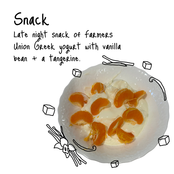 Late night snack of Farmers Union Greek yogurt with vanilla bean and a tangerine.