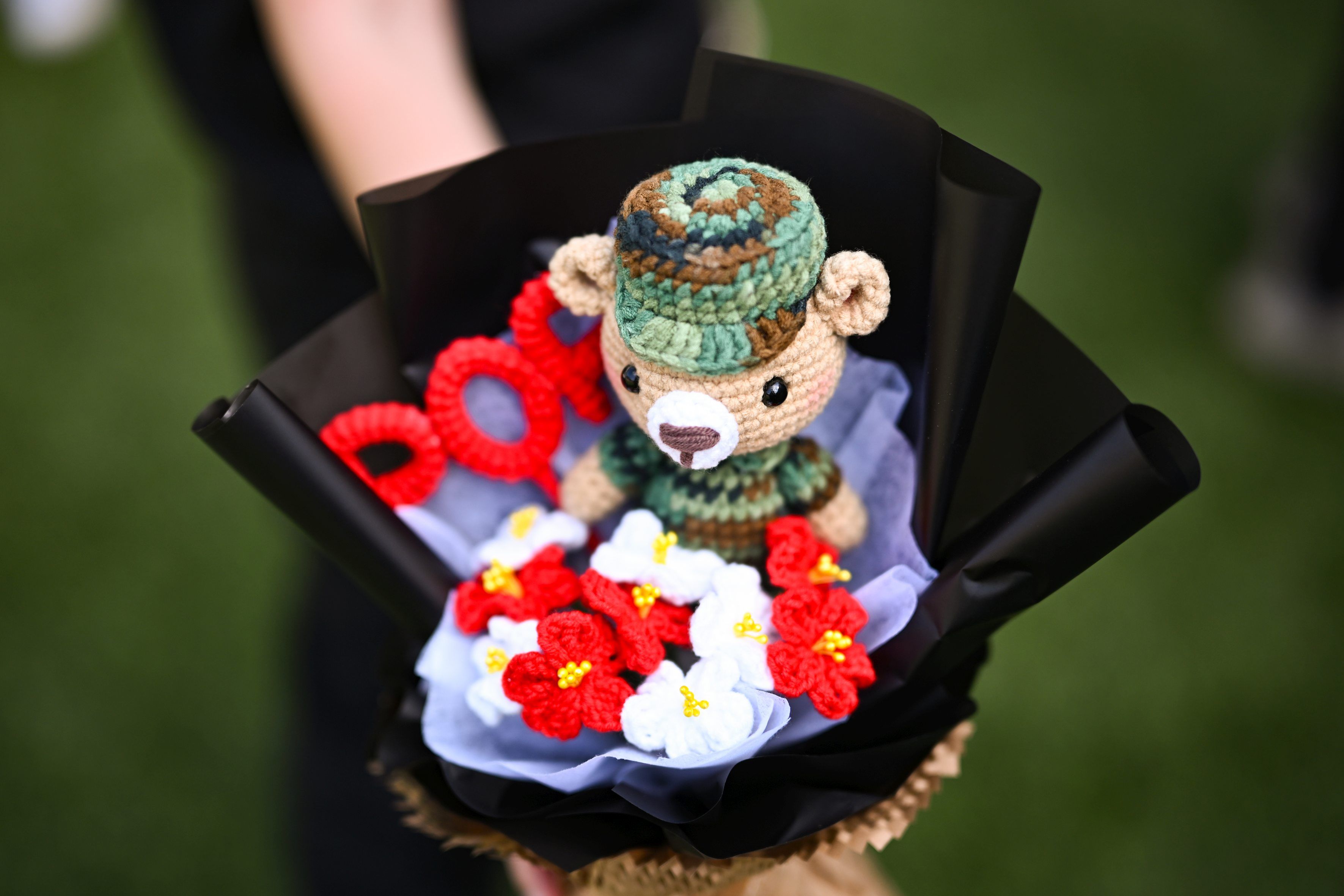 A bouquet of crochet flowers during the Basic Military Training Graduation Parade at Our Tampines Hub.