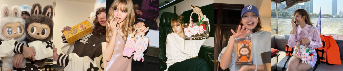 Collage of celebrities, including Michelle Yeoh and members of Blackpink, facing the camera while holding Labubu dolls.
