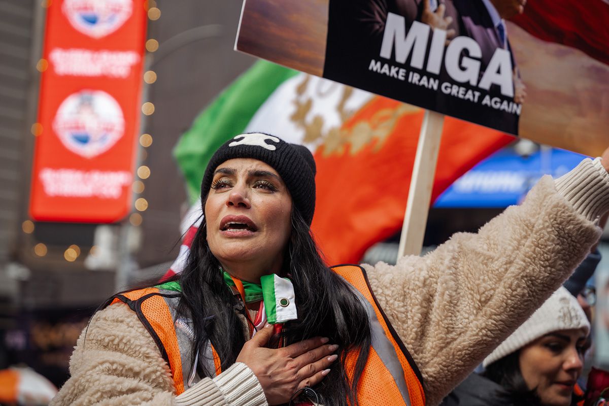 A woman singing during a “Freedom for Iran” protest in New York.