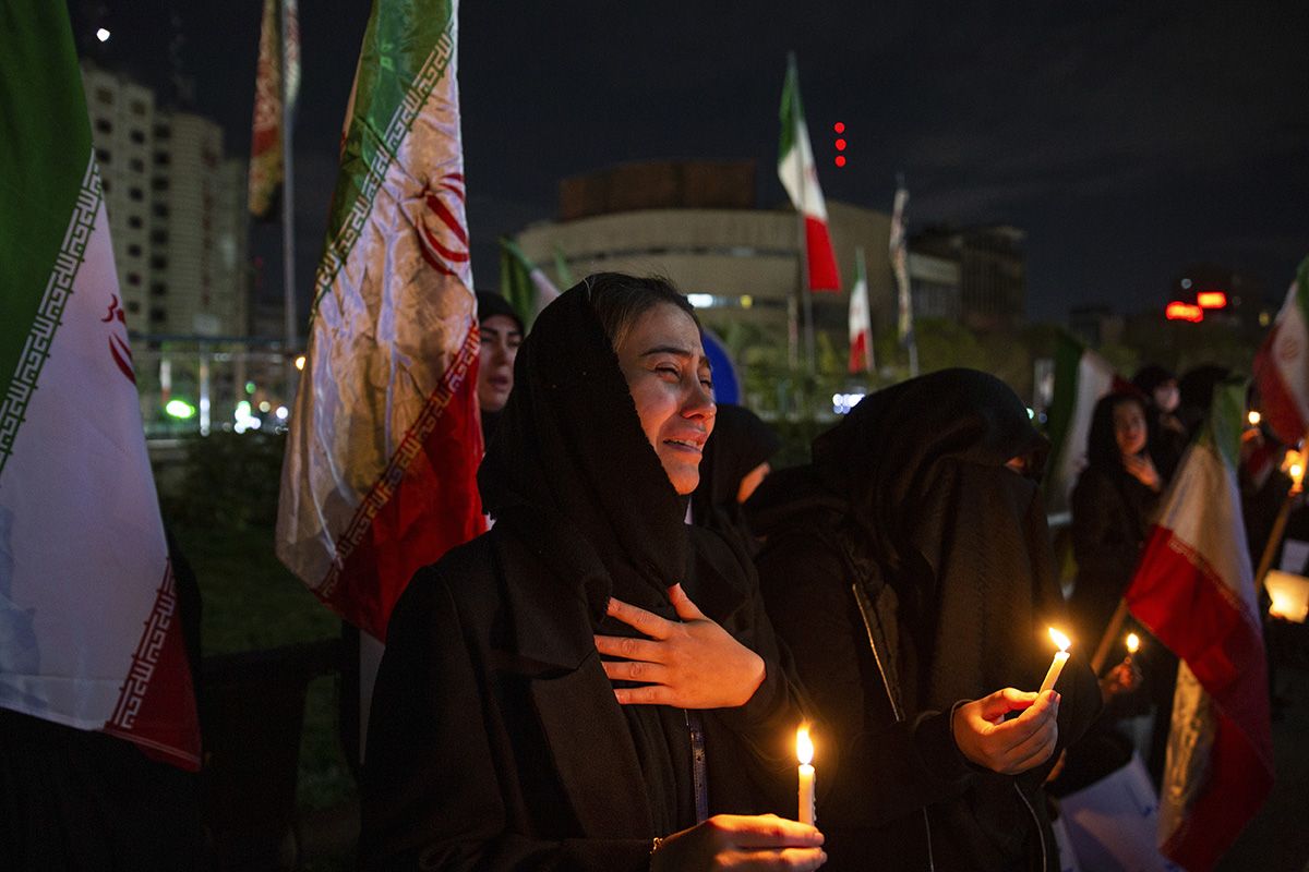 A makeshift memorial with flowers and a portrait of Mr Khamenei outside the Iranian Embassy in Bishkek on March 3.