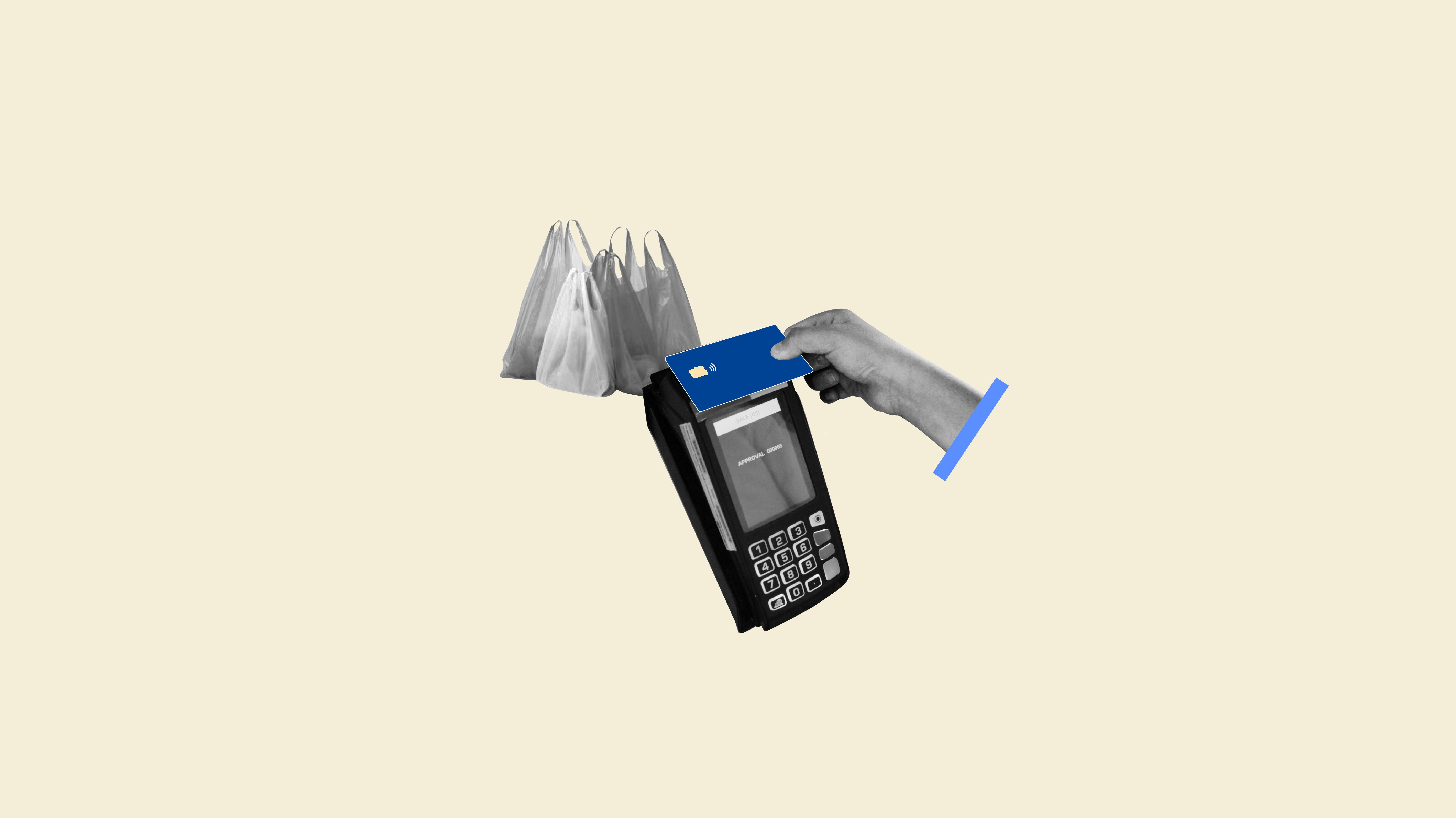 A photo of a credit card tapping on a card reader to purchase grocery at a supermarket.