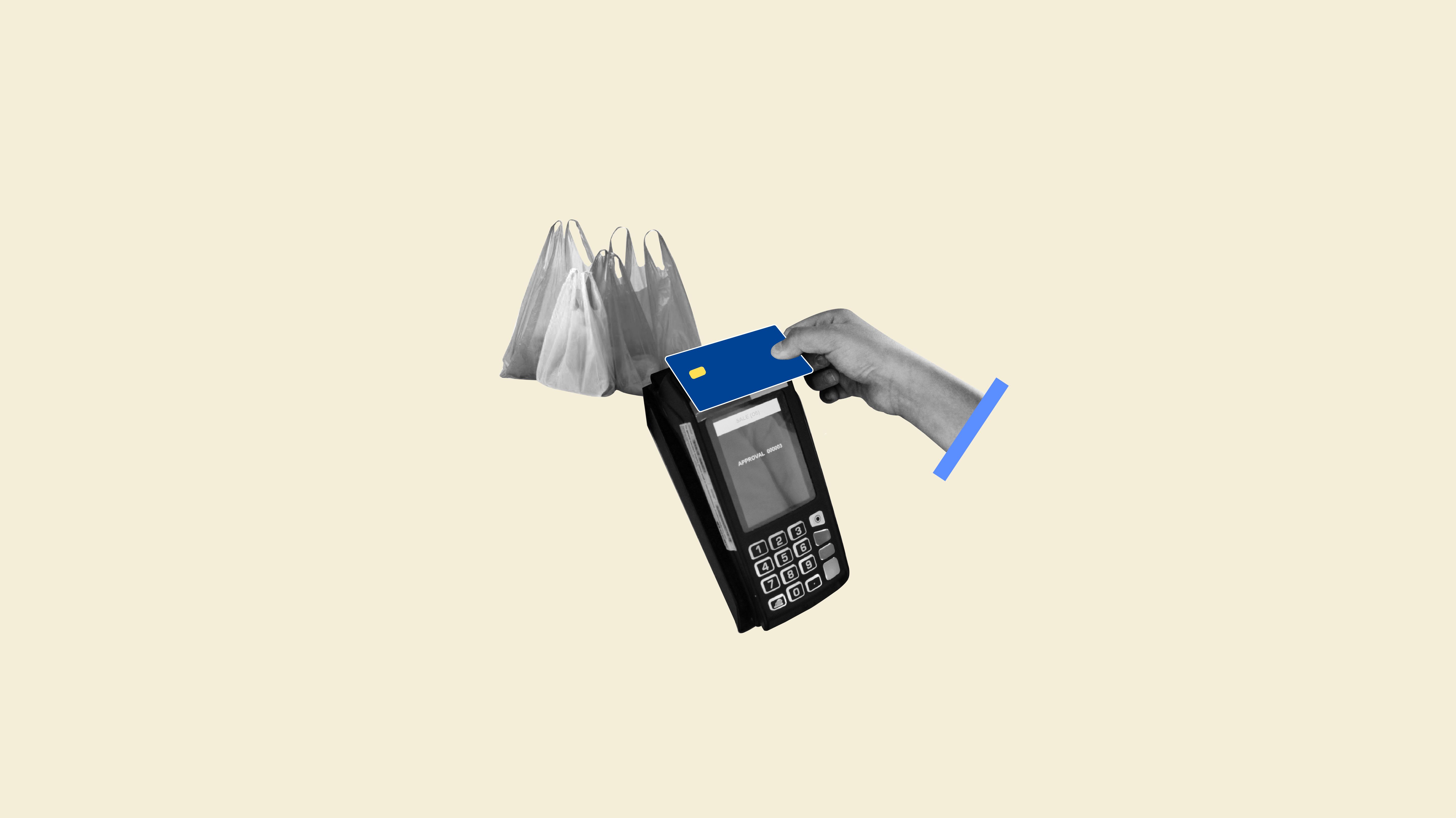 A photo of a credit card tapping on a card reader to purchase grocery at a supermarket.