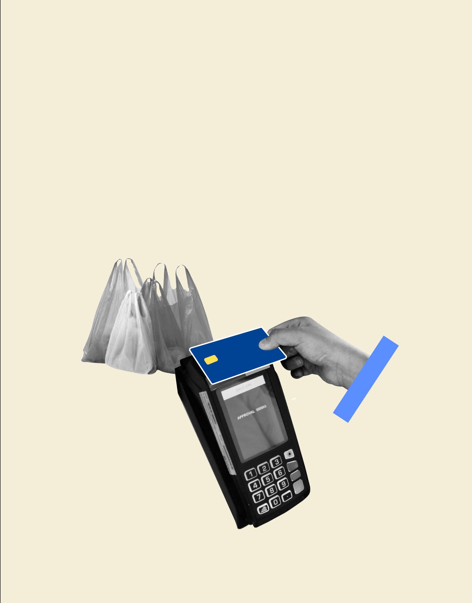 A photo of a credit card tapping on a card reader to purchase grocery at a supermarket.