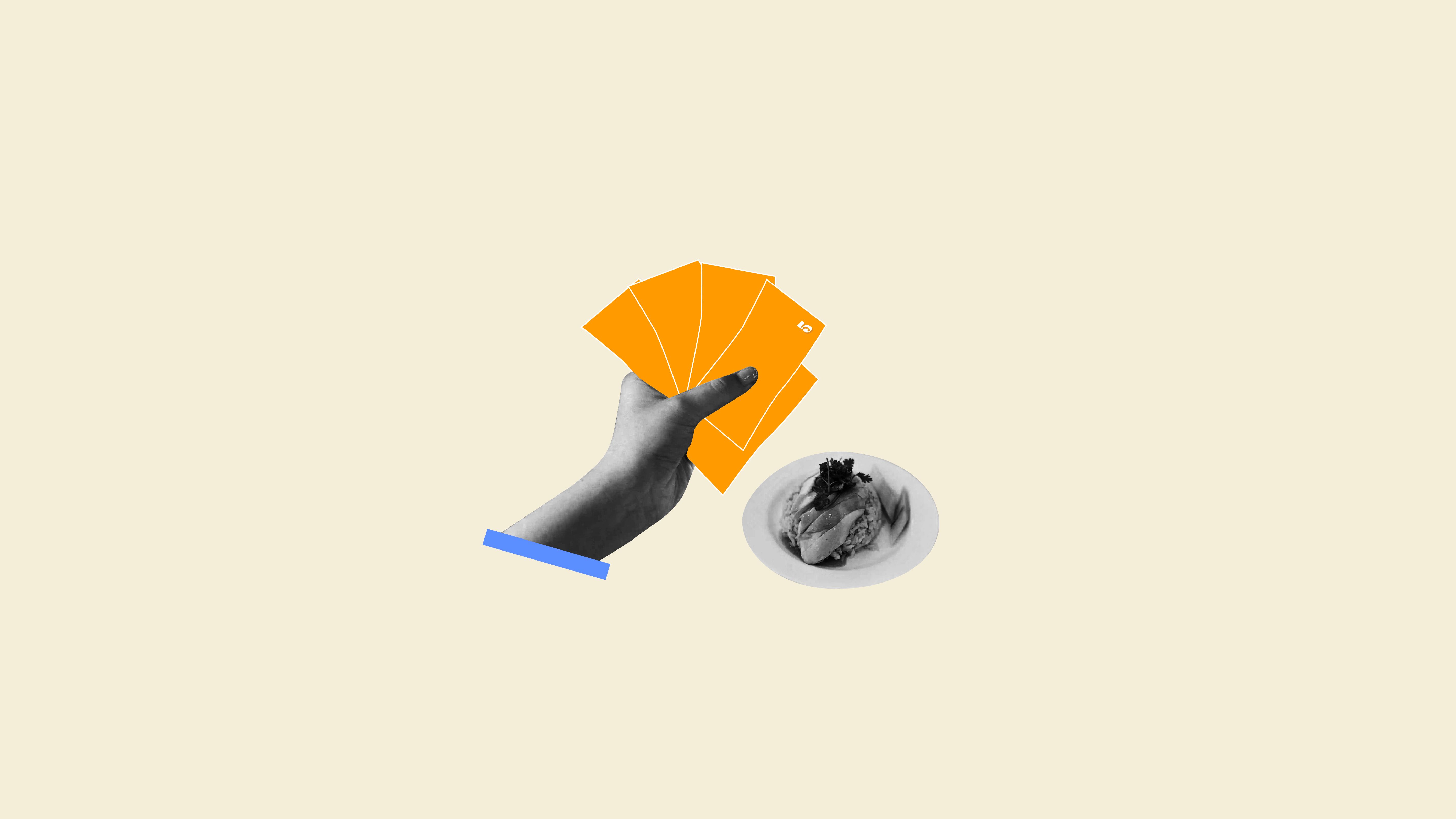 A photo of cash being exchanged for a plate of hainanese chicken at a hawker center.