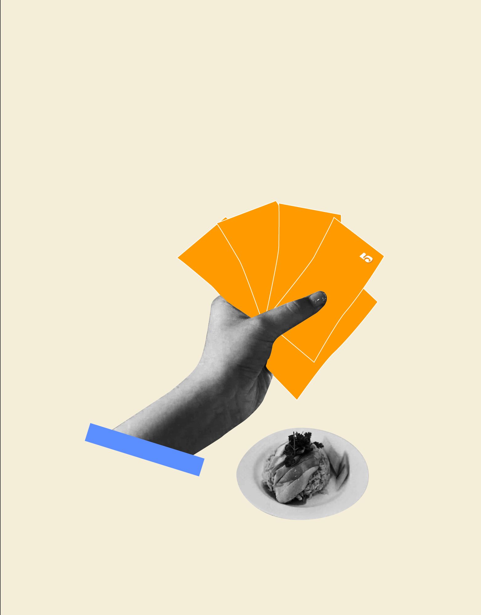 A photo of cash being exchanged for a plate of hainanese chicken at a hawker center.