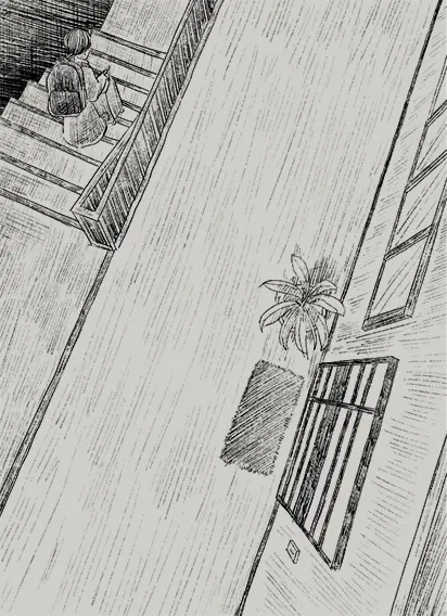 An illustration of Eileen leaving her home.