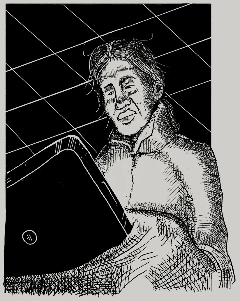 An illustration of Eileen with her mobile phone.
