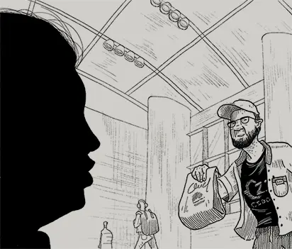 An illustration of a man giving a bag food to Eileen.