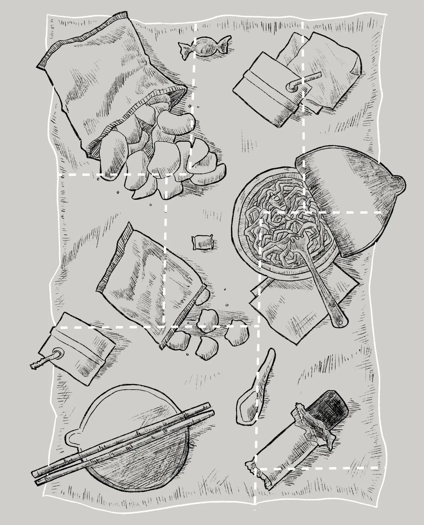An illustration of cup noodles and other snacks.