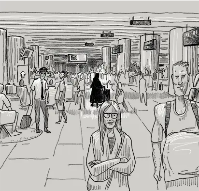 An illustration of Eileen blending into the Changi Airport crowd.